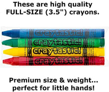 Load image into Gallery viewer, marketing image showing a crayon pack and stating "these are high quality full size 3.5" crayons.  Premium size and weight for little hands."