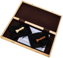 Load image into Gallery viewer, inside of chess board showing two chess bags and chess pieces