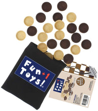 Load image into Gallery viewer, lifestyle image showing checkers spread out over a table falling out of the velvet bag with instructions