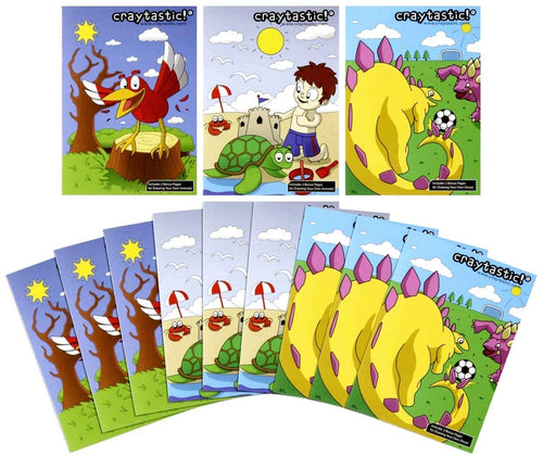 Display showing 12 coloring books in a variety of 4 styles spread out in a fan fashion