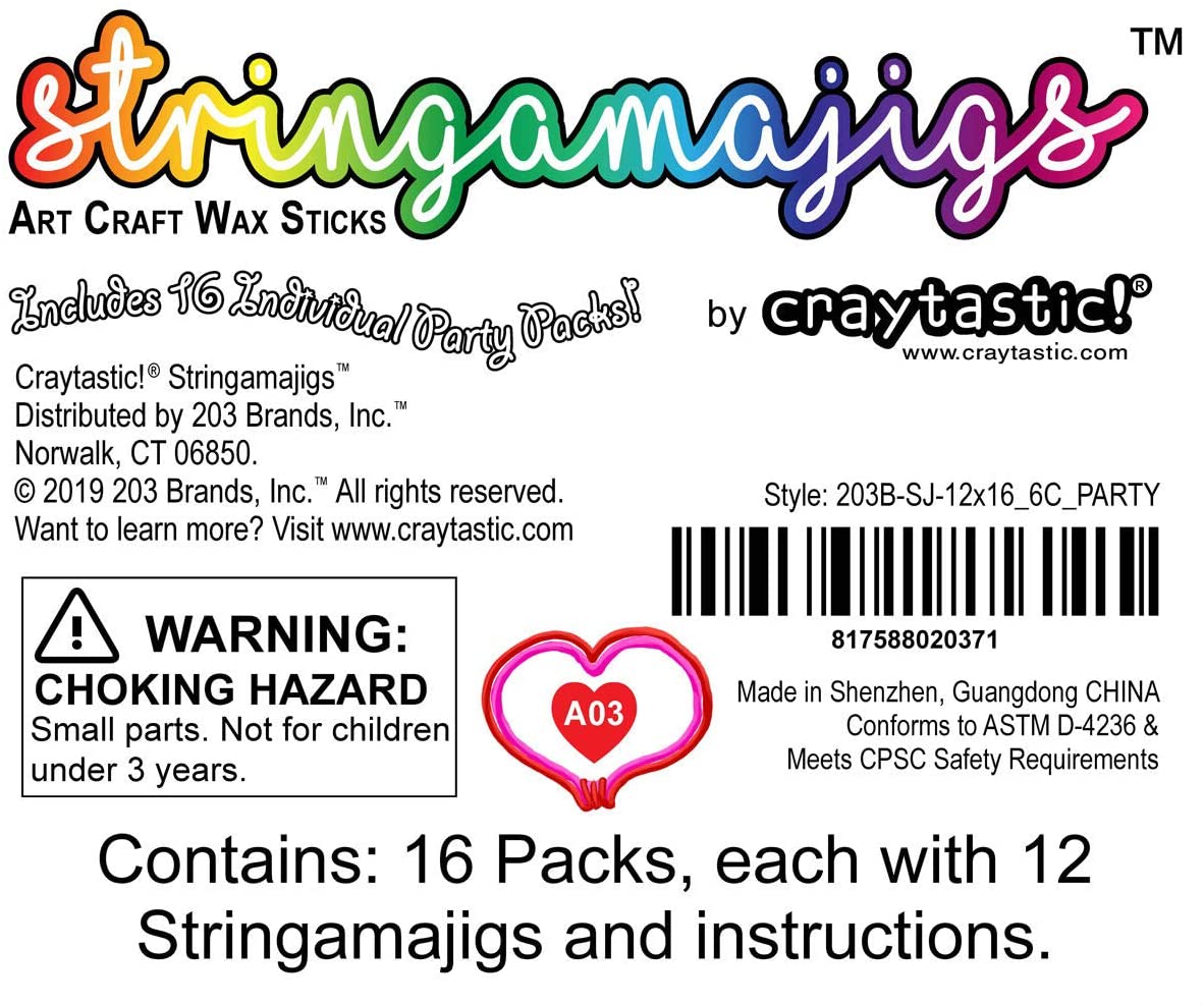 Craytastic! Stringamajigs Art Wax Craft Yarn Sticks for Kids - Bulk Party Set of 48 Packs, 8 Sticks Each Pack