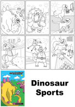 Load image into Gallery viewer, image showing the 6 color pages inside the dinosaur sports coloring book