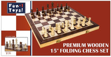 Load image into Gallery viewer, top view of the outside of a retail box for the 15" folding chess set