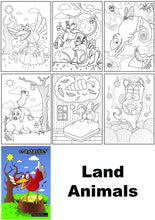 Load image into Gallery viewer, Image showing the 6 pages inside the Land Animals coloring book