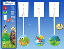 Load image into Gallery viewer, top view of the retail packaging for the laurie berkner edition kidswitch showing 3 switches in use on a wall