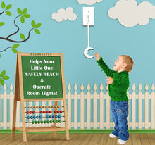 Load image into Gallery viewer, image showing a child using a kidswitch and the marketing phrase "helps your little one safely reach and operate room lights"