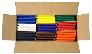 Top view of an open box of craytastic unwrapped crayons in 9 colors