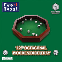 Load image into Gallery viewer, outside of the retail packaging for the 12&quot; octagon wooden dice tray
