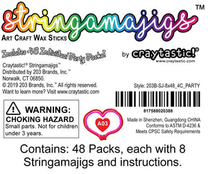 Close up of the label for the 48 pack of stringamajigs with 8 per pack.