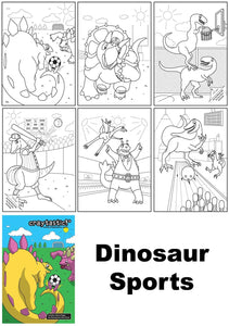 image showing the 6 color pages inside the dinosaur sports coloring book