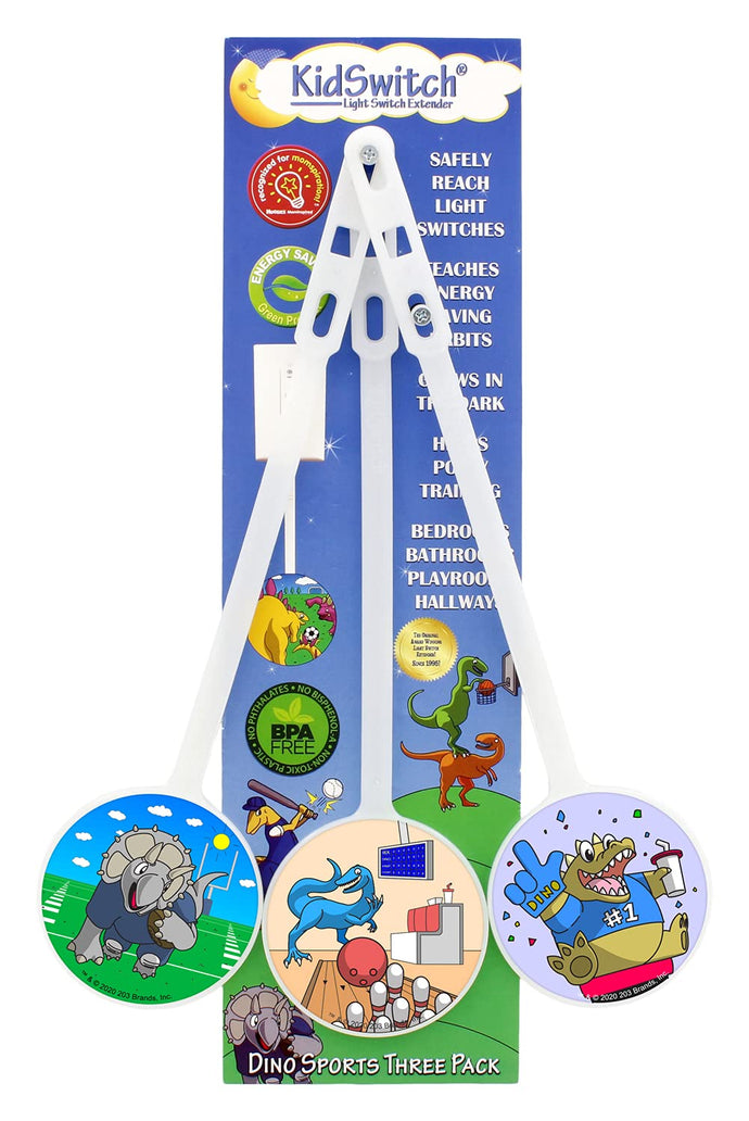 KidSwitch Light Switch Extender for Kids - Dinosaur Sports Edition - 3 Count - Includes 6 Themed and 6 Blank Art Decals