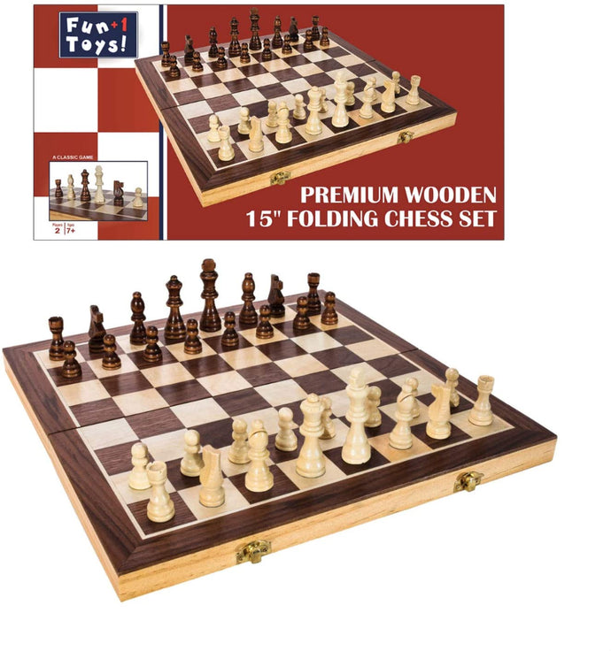 Outside of retail chess box with a display of the chess board setup with chess pieces
