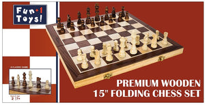top view of the outside of a retail box for the 15" folding chess set