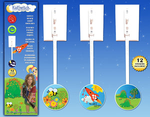 top view of the retail packaging for the laurie berkner edition kidswitch showing 3 switches in use on a wall