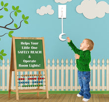 Load image into Gallery viewer, image showing a child using a kidswitch and the marketing phrase &quot;helps your little one safely reach and operate room lights&quot;
